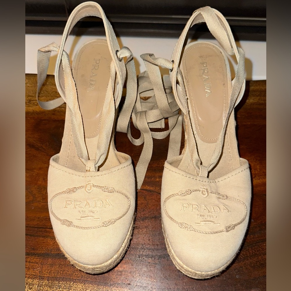 Prada wedge sandal in tan